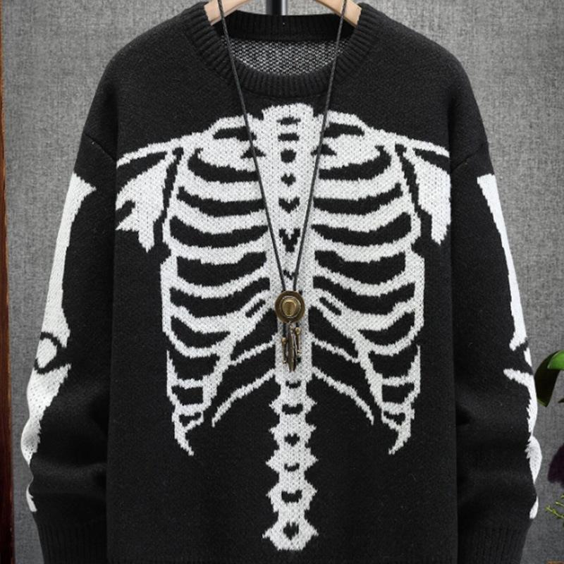 Knitwear | Grunge Punk Cross & Skeleton Pattern Sweater For Halloween, School  – Guys Clothing Guys